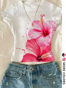 Women's Summer Floral Hawaiian Tropical Print Short Sleeve Fitted Top T-Shirt Piece, Sexy Tight Fit Campus Fashion Casual Daily Wear