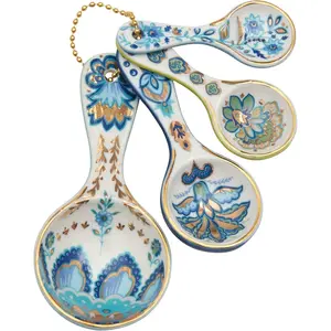 's Ceramic Measuring Spoons (Set of 4) |  Signature Floral Print Design for each,  Overlay, Teal, Blue, Robin's Egg Blue, Lime Green, Metallic  Chain, Boxed  set
