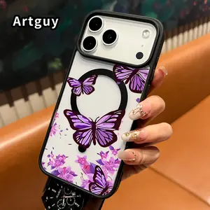 Clear Magnetic Phone Case for iPhone 17 Pro Max 16 Plus 15 14 13 12 11 Air E Lavender Butterfly Dance Pattern Acrylic Hard Back Soft Silicone Edge Anti-Fall Cover Shell for boy girl