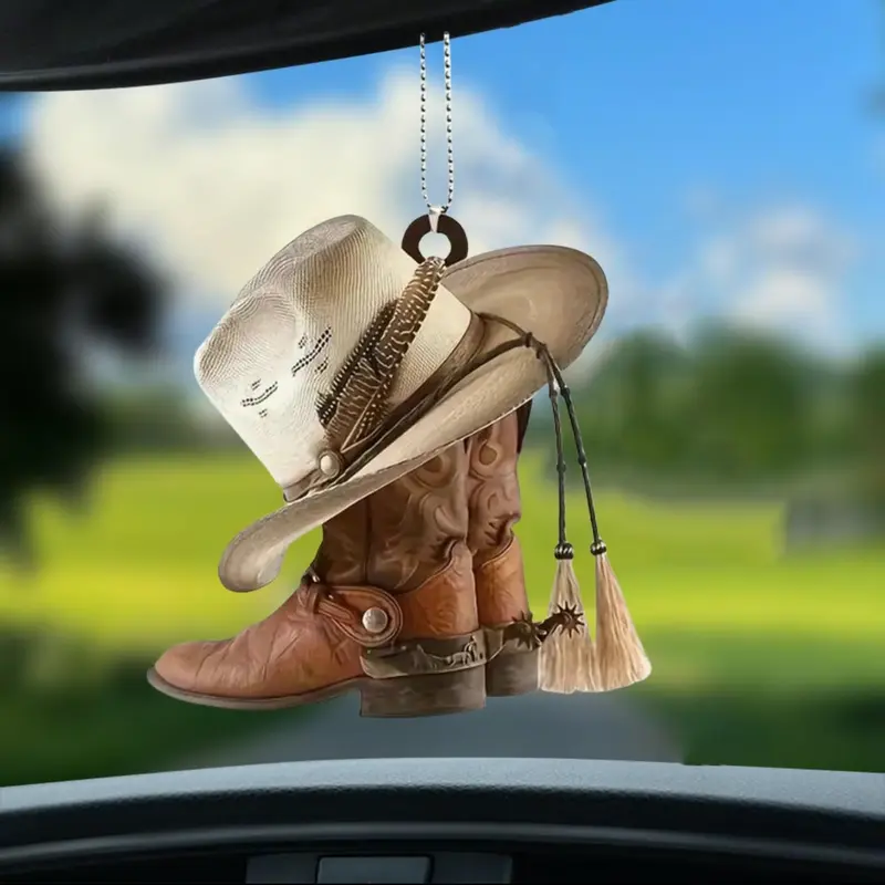 Western Cowboy Hat Shaped Design Car Hanging Ornament, Fashion Car Rearview Mirror Pendant, Universal Car Interior Decoration, Bag & Keychain Accessories