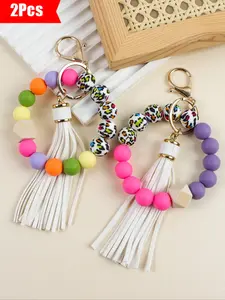 2pcs-Boho Style Keychain Set, Trendy Cute Keychain, Beaded Tassel Keychain, Leopard Print Beads, Dynamic Tassel, Tassel Charm, Fashionable Handmade Jewelry Gift for Friends & Women