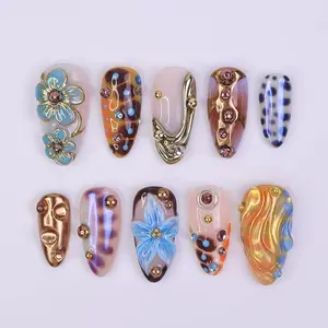 Blue Press On Nails with 3D Flower & Bronze Chrome, Medium Almond Shape, Earthy Metallic Summer Nails for Vacation, Party, Y2K Vibe