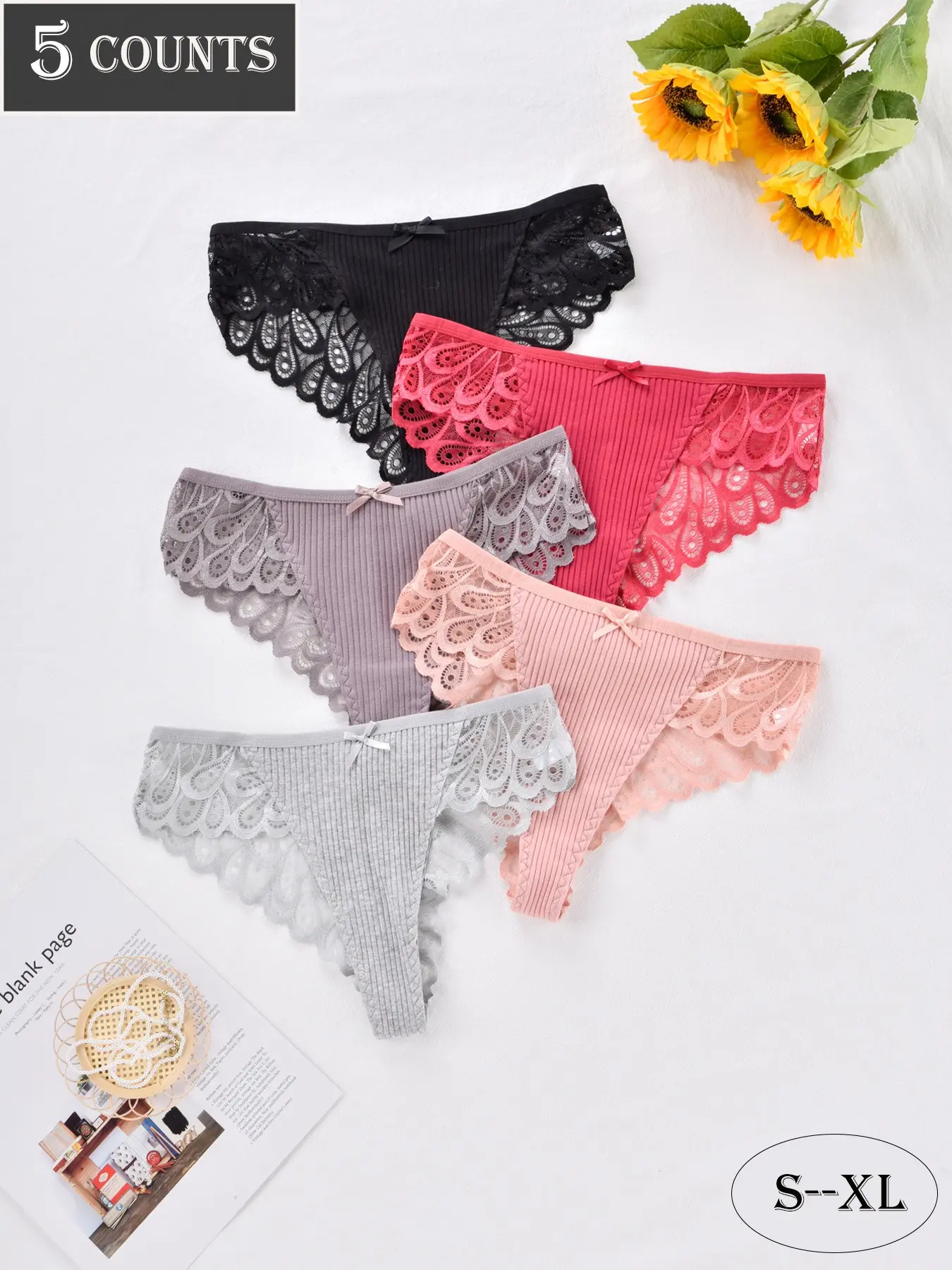 Dorsu Women's High Elastic Lace Thong Panties Set, Fashion Feather Design, Soft Breathable Fabric, Perfect for Everyday All Seasons