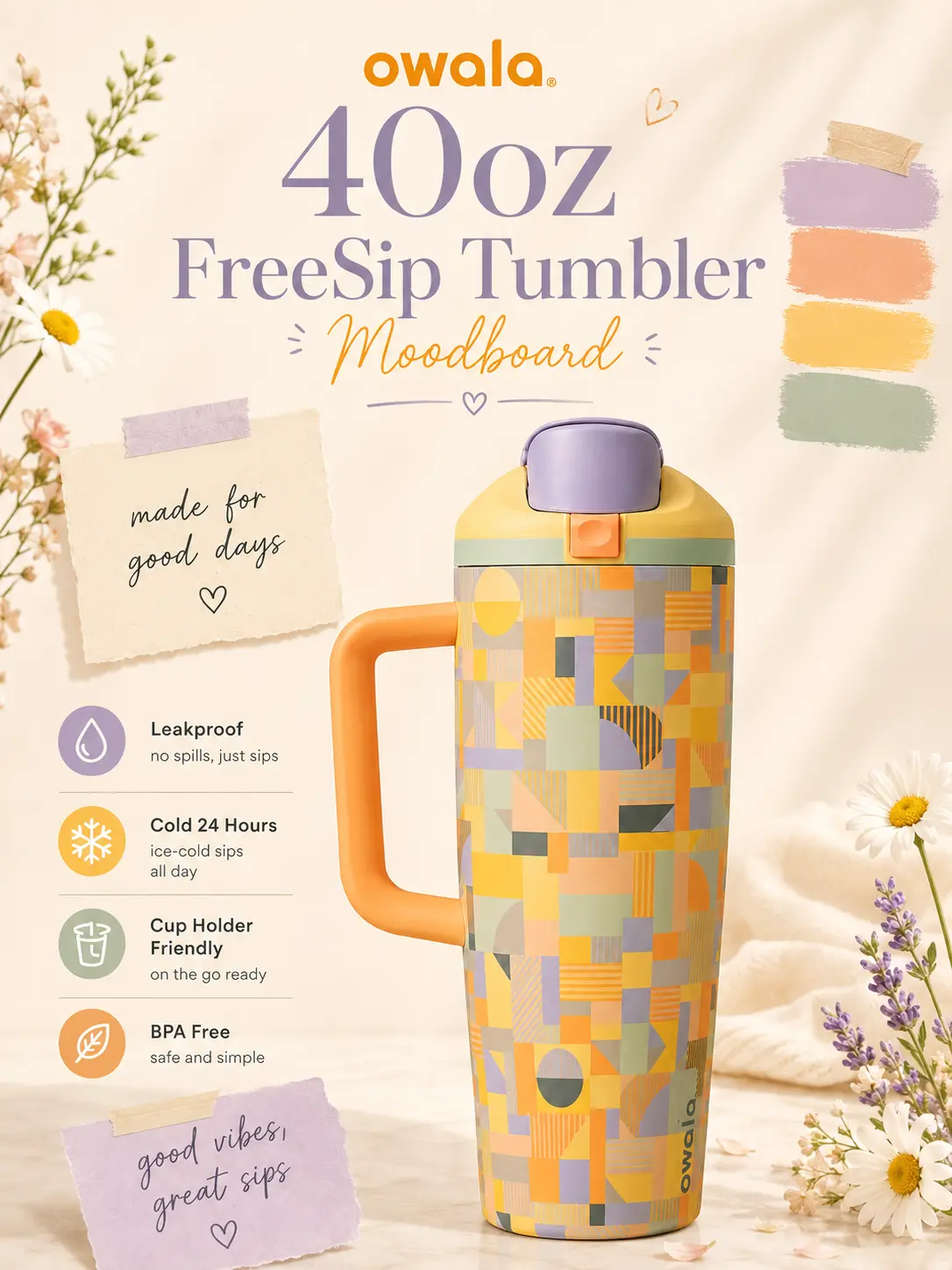 Owala Moodboard 40oz FreeSip Tumbler – Colorful Geometric Insulated Stainless Steel Cup with Handle and Straw