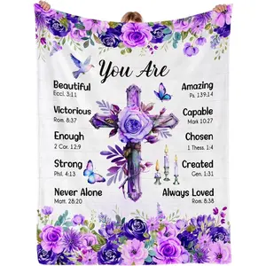 Christian Religious Flannel Blanket with Purple Floral Cross Design, Soft Texture, for Women – Birthday Baptism Gifts, Birthdays Gifts