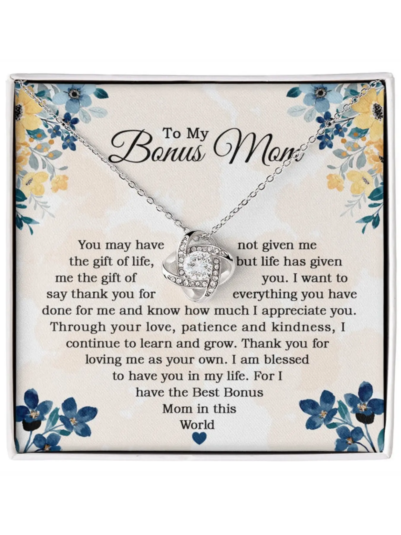 To My Bonus Mom Love Knot Dainty Necklace with Message Card and Gift Box Thank You Bonus Mom Jewelry for Mother's Day,Birthday Christmas,Wedding