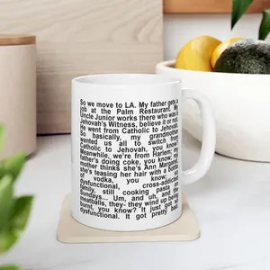 Queen of Melrose “My Father Gets a Job at the Palm Restaurant” Mug, Dark Humor Story Text Mug, Dysfunctional Family Monologue Coffee Mug, Vintage Typography Ceramic Mug, Sarcastic Life Quote Gift, Funny Coffee Mug, Ceramic Cup 11oz and 15oz