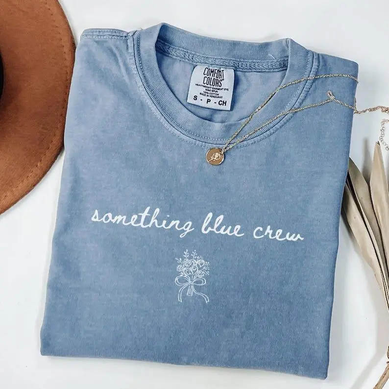 Something Blue Crew Shirt, Coquette Minimalist Tshirt Bridal Party Gift, Grandmillenial Bride, Trendy Engagement Party Tee, I do Crew Shirts