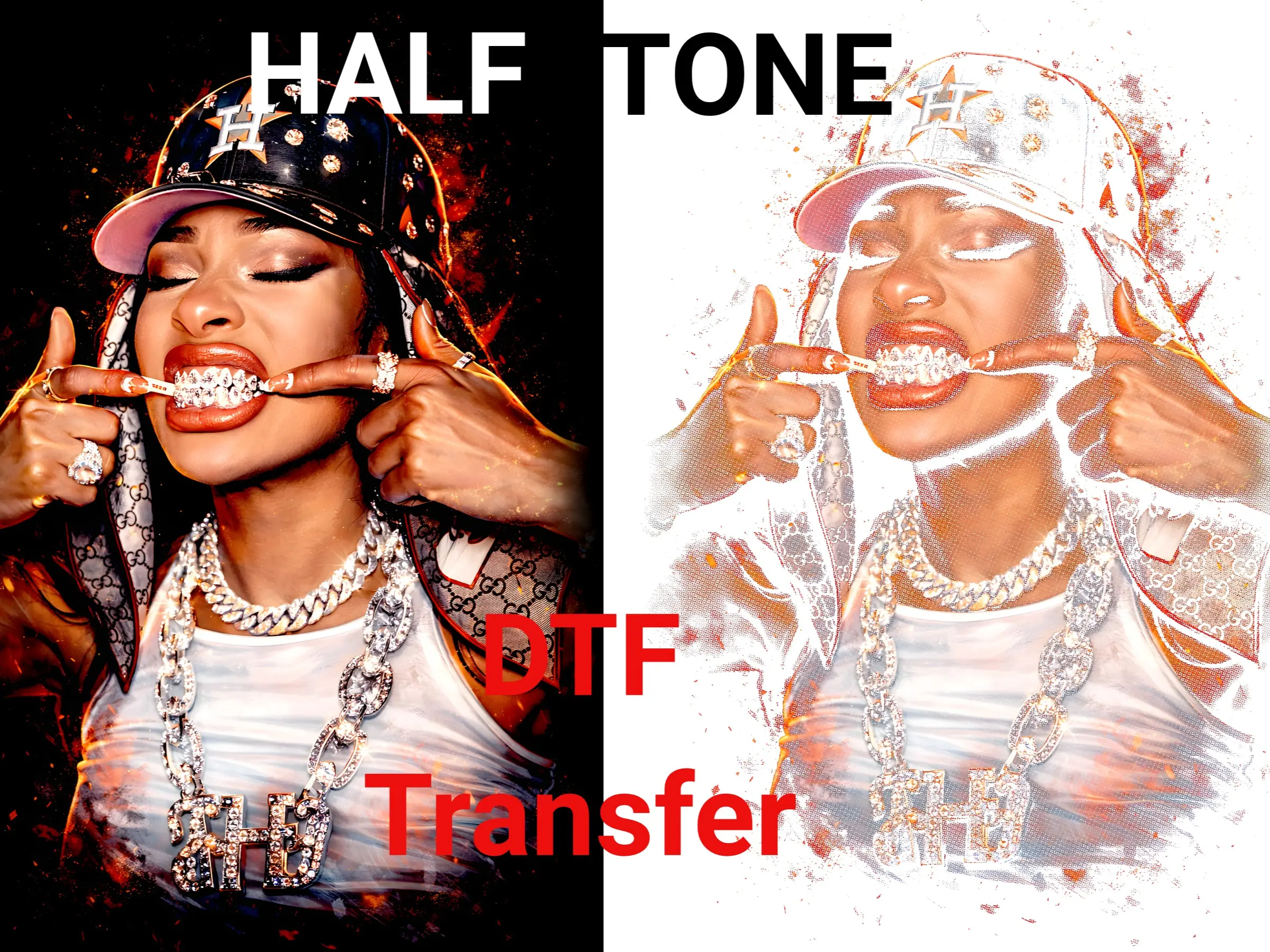 12-in Width Adult DTF Heat Transfer Design - Hip Hop Halftone Paint Splatter & Portrait, Ink-Free Print, Breathable Black Iron-On for T-Shirts, Jackets, Hoodies, Easy-to-Use Cold-Warm Peel DIY Specialty Supply for Retail