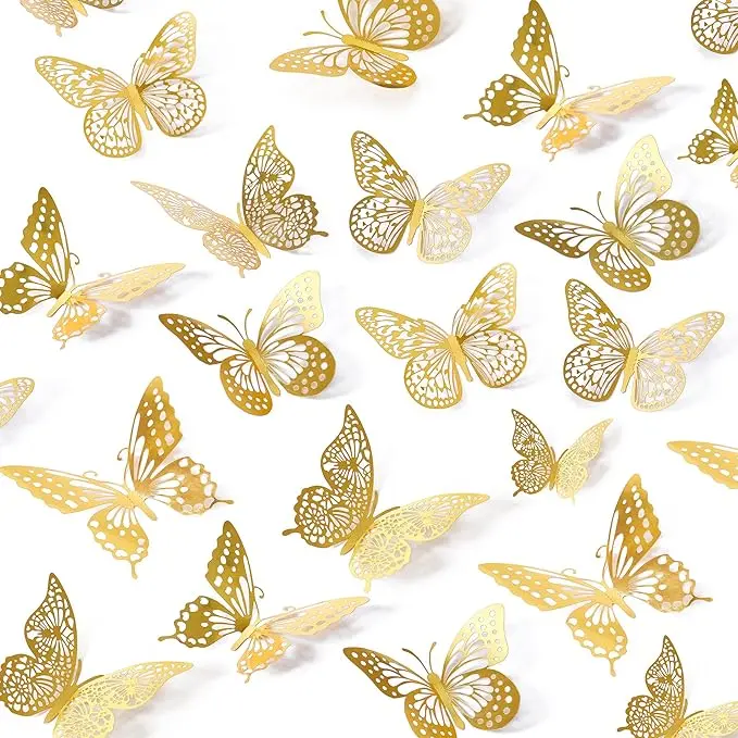 48-Pcs Whimsical Gold 3D Metallic Paper Butterfly Wall Decals - 4 Styles, 3 Sizes, Removable DIY Decor for Room, House, Birthday Party Cake Embellishments (Toys & Hobbies Specialty DIY Supplies)