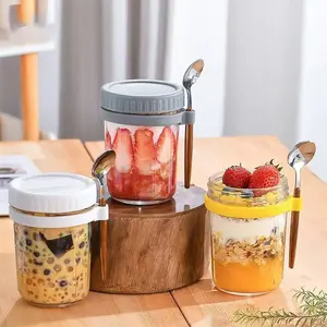 Glass Yogurt Cup, Salad Bowl, Overnight Oats Container, Portable Sealed Soup Mug, Milk Cup, Smoothie Bowl, Breakfast Cereal Holder, Leak Proof Container, Glass Salad Jars, Food Storage Jar