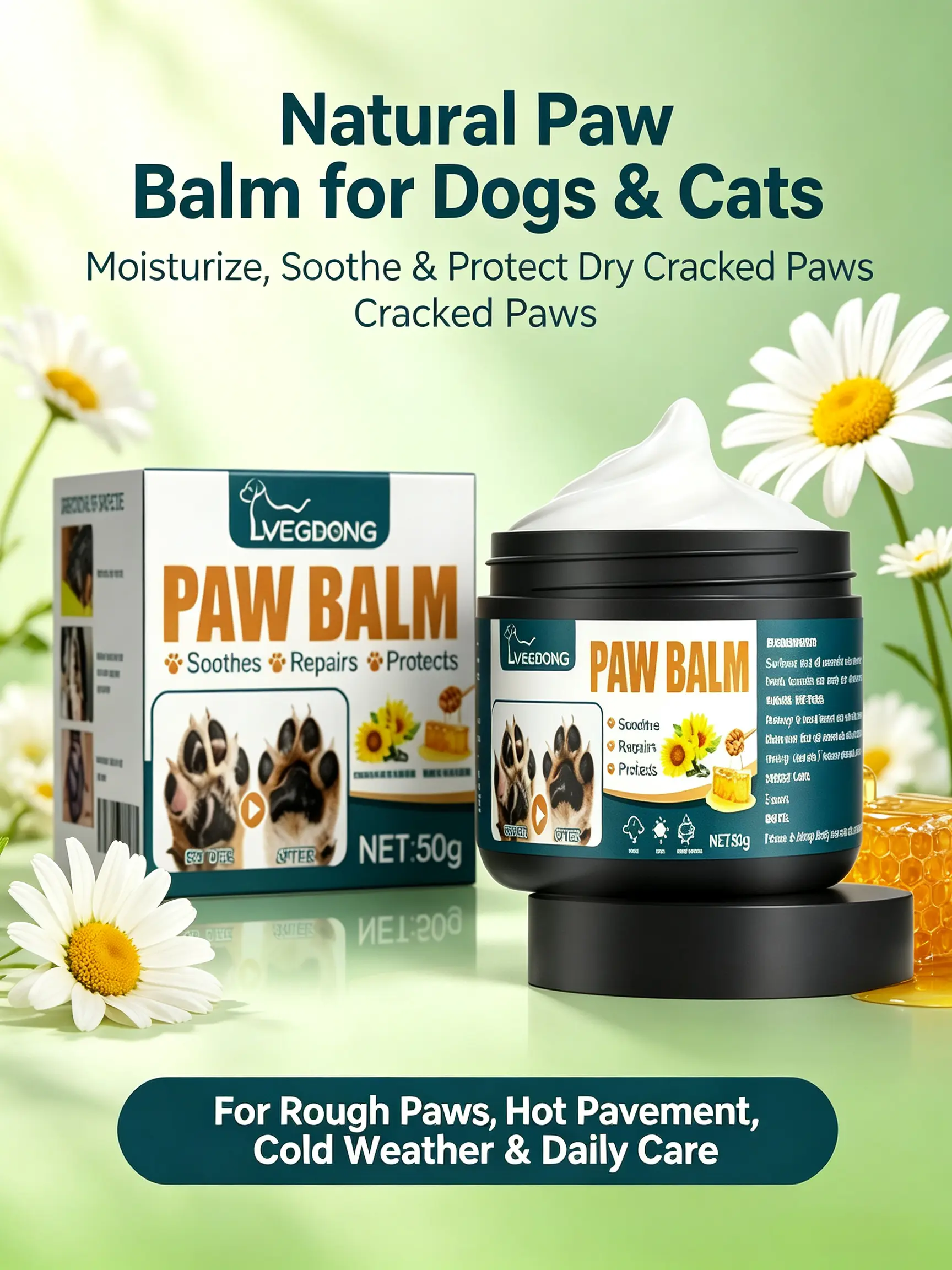 Dog Paw Balm - Natural Sunflower & Honey Moisturizer Cream with Cream Texture, Moisture Boost, Heals Fissures, Repairs Cracked Dry Pads, Protects from Hot Pavement, Fits All Breeds & Puppies, Portable Jar