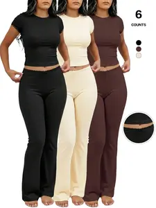 Women's 2 Piece Ribbed Knit Lounge Set, Short Sleeve Crop Top & High Waisted Elastic Flare Leg Pants, Casual Fitted Matching Set for All Seasons Womenswear Clothes