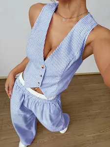 Women's Casual Striped Sleeveless V-Neck Vest + Colorblock Waistband Pants Two-Piece Set, Elegant Fitted for 2026