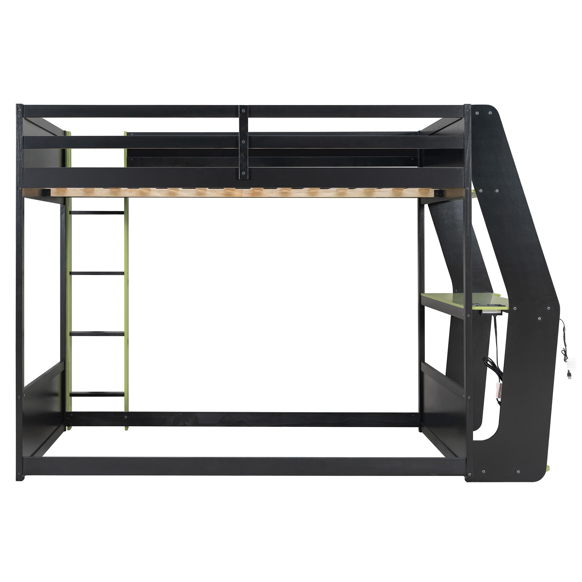 Full Size Gaming Bunk Bed Frame with Side-Mounted Oversized RGB Desk, Wood Bunk Bed Frame with USB Charging Ports & Cable Grommet, Heavy-Duty Esports Gaming Loft Frame (Green, Full)