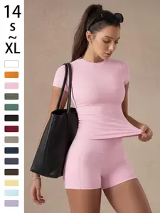 Women's Solid Color Set, Basic Versatile T-Shirt Top, Fashion Multi-Purpose High Waist Gym Shorts, High Waisted Yoga, Yoga Fitness, Yoga Clothes, All Seasons, Gymswear, Gym Sets
