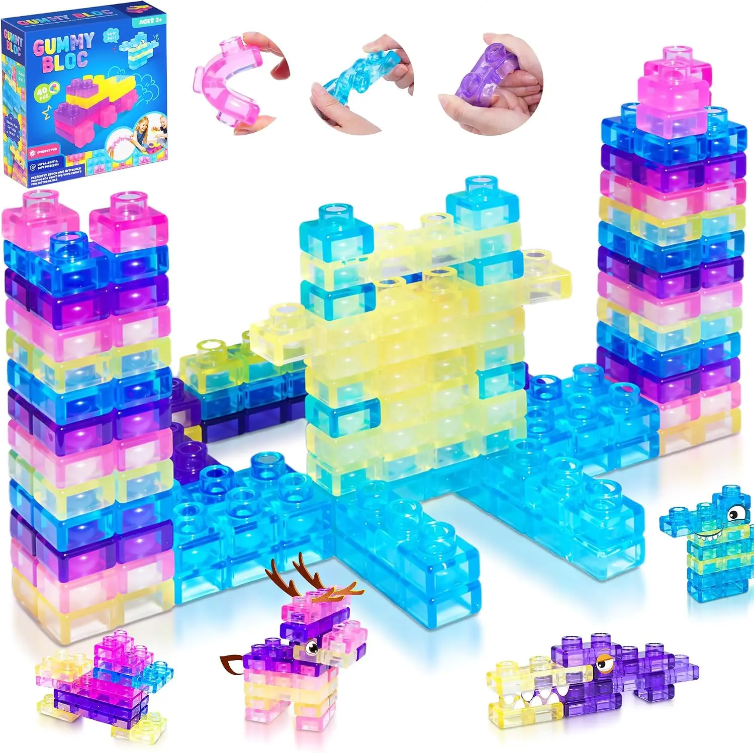 40 PCS Unisex Chunky Sensory Soft Building Blocks for Toddlers, Rubber TPE Elastic Squishy Stacking Toys, Montessori Preschool Educational Creative Construction Playset Puzzle Toy, Early Learning
