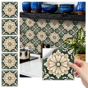 24PCS/Box FHZ Classic Art Tile Stickers | Retro Victorian Dark Green Floral Geometric Pattern Matte PET | Peel & Stick Waterproof Oil-Proof Kitchen Backsplash Decor