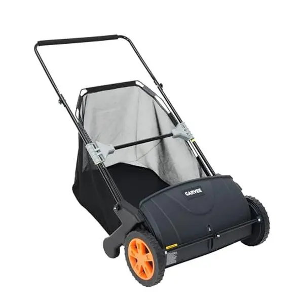 Yard Sweeper, Manual Pusher - 21-in, 3.5 Cu. Ft. Leaf & Grass Collector, 4 Spinning Brushes, Stepless Height Adjustable, for Lawns & Driveways, Black & Orange