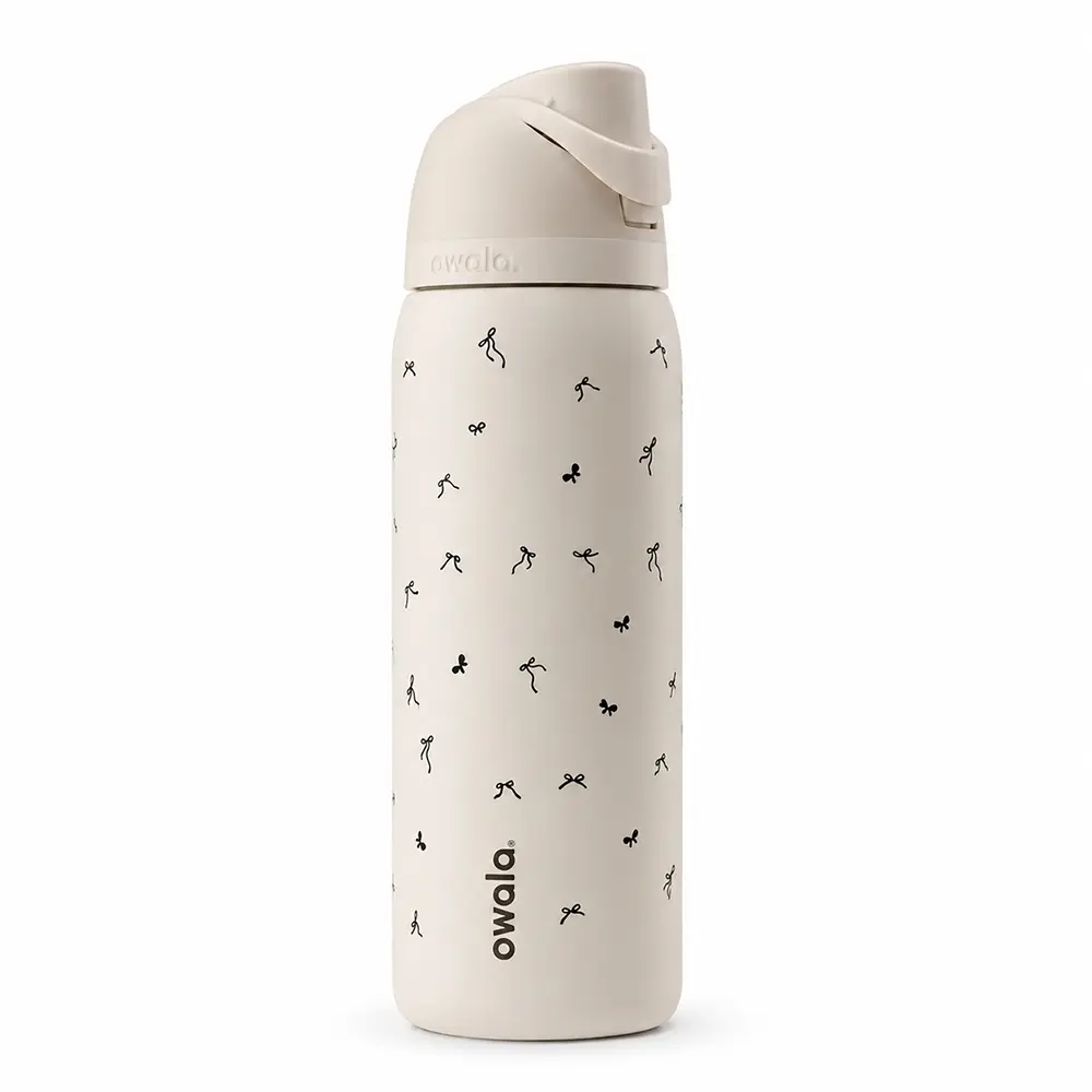 Owala FreeSip Cream Black Bow Stainless Steel Water Bottle – Mini Ribbon Print Coquette Insulated Bottle with Built-In Straw & Leakproof Lid