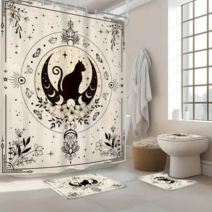 BLACKCAT Gothic Bohemian Polyester Shower Curtain Set - Waterproof, 12 Hooks, Beige Moon Phase Flower Design, Non-slip Mat, Toilet Lid Cover, U-shaped Bathroom Home Decor Accessory