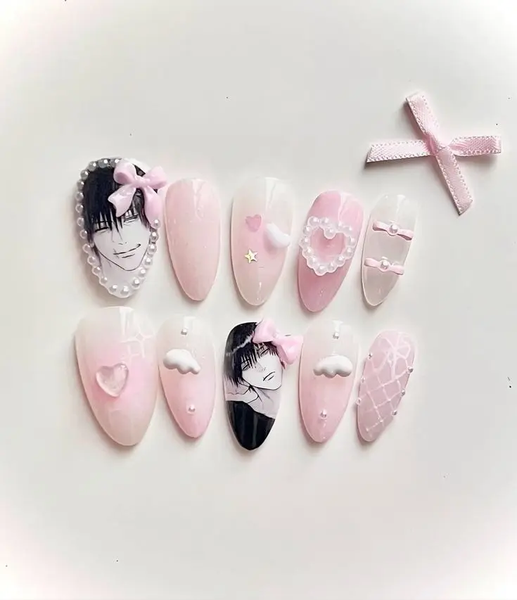Toji Inspired Press On Nails | Handmade Pink Coquette 3D Bow Pearl Nail Art | Reusable False Nails with Nail Kit | Free Adhesive Tabs Nail File & Cuticle Stick