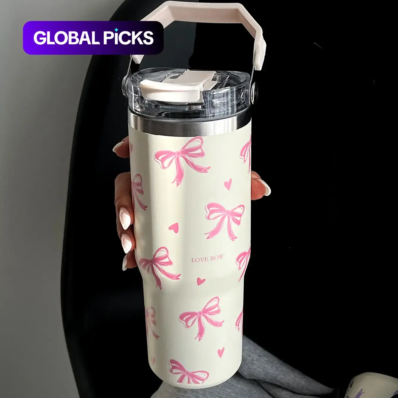 Bow and Heart Pattern Vacuum Insulated Stainless Steel Tumbler, Flask, Large Water Bottle with Handle and Straw for Home, Office or School, Insulated Travel Tumbler #GLOBAL PICKS