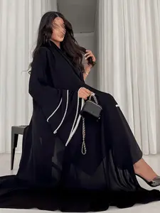 Modest Arabic Dubai Open Front Abaya Coat, Modest Islamic Abaya, Muslim Abaya, Loose Fit Long Robe with Beaded Sleeves, Fashionable Women's Outerwear for All Seasons, Abayas For Eid