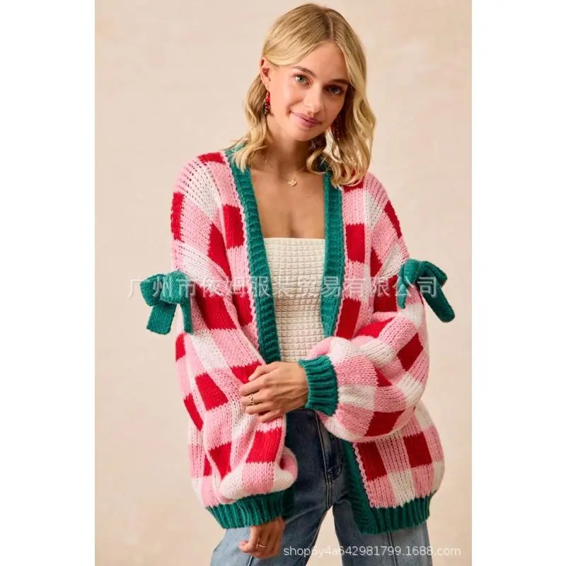 Pink and white checkered cardigan