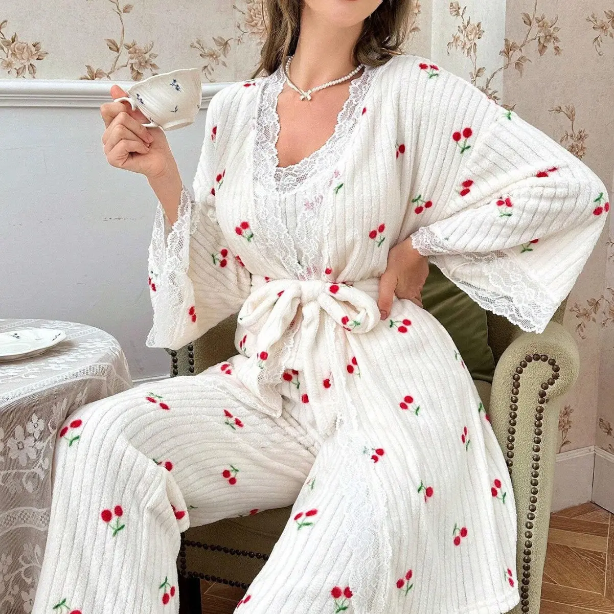 Women's 3-Piece Cherry Print Pajama Set, Fashion European Style Loungewear with Lace Cami, 3/4 Sleeve Robe & Pants, Comfortable Polyester Homewear, Thin, Fabric, Girls