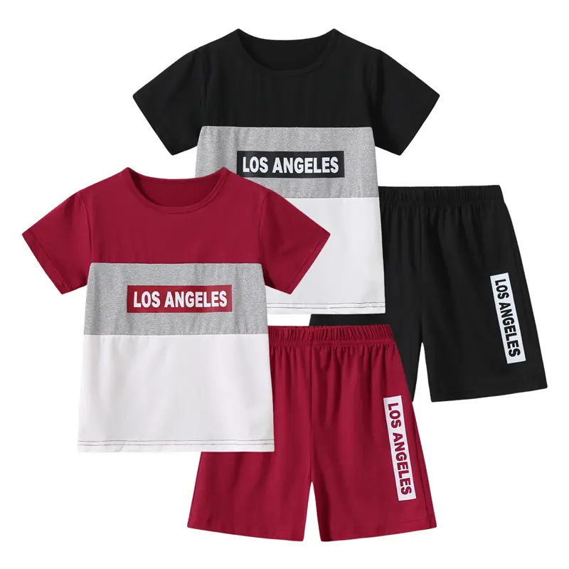 #SummerVibes 4-piece boy summer fashion breathable comfort suit children's round neck letter printed short sleeves and elastic waist shorts with letter printed summer clothes