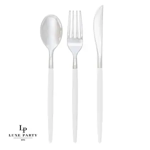 White and Silver Plastic Cutlery Set - 32 Pieces - Tableware and Party Use Decoration - BPA Free