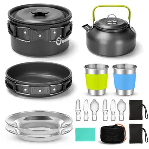 15pcs Camping Cookware Mess Kit, Non-Stick Lightweight Pot Pan Kettle Set with Stainless Steel Cups Plates Forks Knives Spoons for Camping, Backpacking, Outdoor Cooking and Picnic