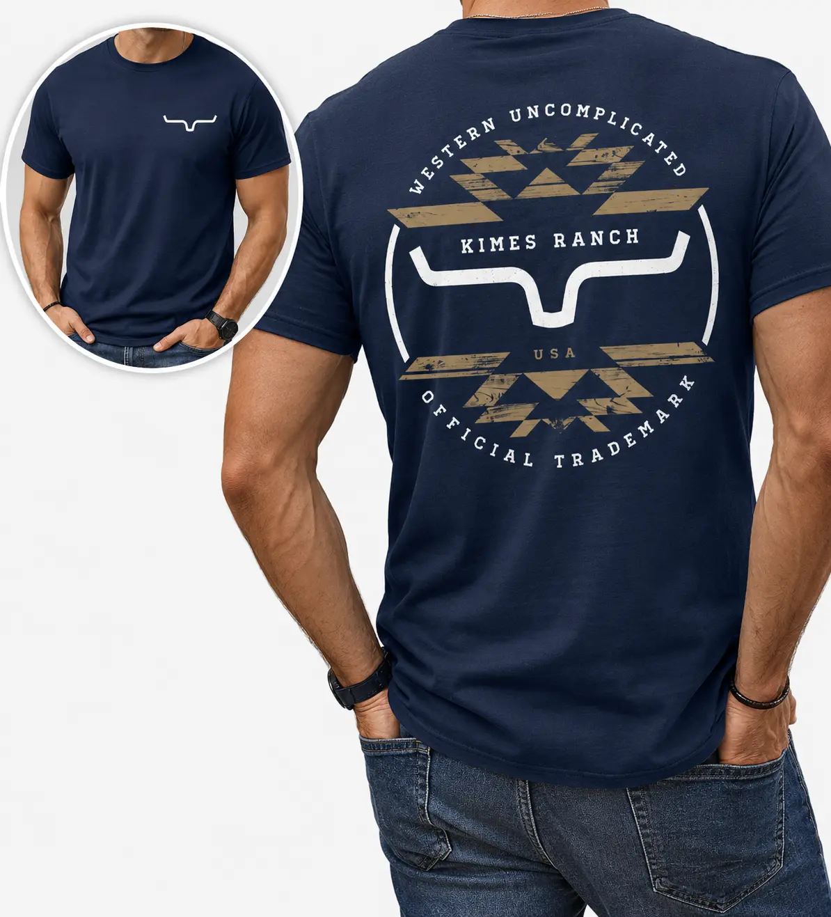 Western Uncomplicated Kimes Ranch T-Shirt, Vintage Bull Logo Geometric Graphic Tee Cowboy Ranch Style, Vintage Ranch Cowboy Apparel