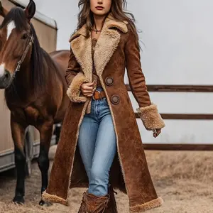 Denim Women's Western Retro Trench Coat Fuzzy Autumn Winter Fashion Warm Jacket