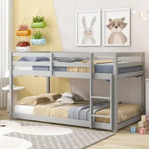 Twin Over Twin Floor Bunk Bed with Ladder and Safety Guardrails, Solid Wood Low Bunk Beds Frame for Teens and Adults, Easy to Assemble, Saving Space, No Box Spring Needed, Gray Modern minimalist style