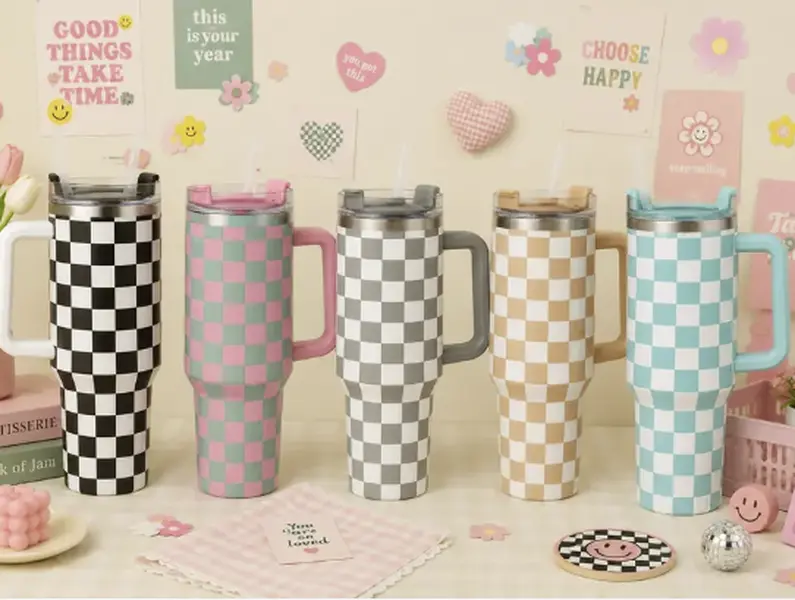 Checkered 40oz Tumbler with Handle, Insulated Travel Mug, Hot & Cold Stainless Steel Cup, Portable Coffee & Water Cup
