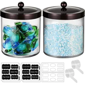 2 Pack 50 Oz Large Apothecary Jar with Lid, Plastic Storage Jar for Laundry Bathroom Kitchen Vanity, Laundry Pods Bath Bombs Home Storage Canister Jar with Label Measuring Spoon(Bronze)