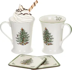 Pimpernel Spode Christmas Tree Mug and Coaster Set | 10 Oz Porcelain Coffee Mugs | Set of 2 | Corked Back Board Coasters