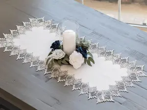 Linens Art And Things - Lace Runner Earth Tone Silver Lace on White Jaquard Table Runner (28"/ 36"/ 54")