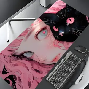 Girl & Cat Pattern Mouse Pad, Rectangle Gaming Mouse Pad, Non-slip Rubber Pad, Desk Keyboard Pad for Home Office, Anime Mousepad