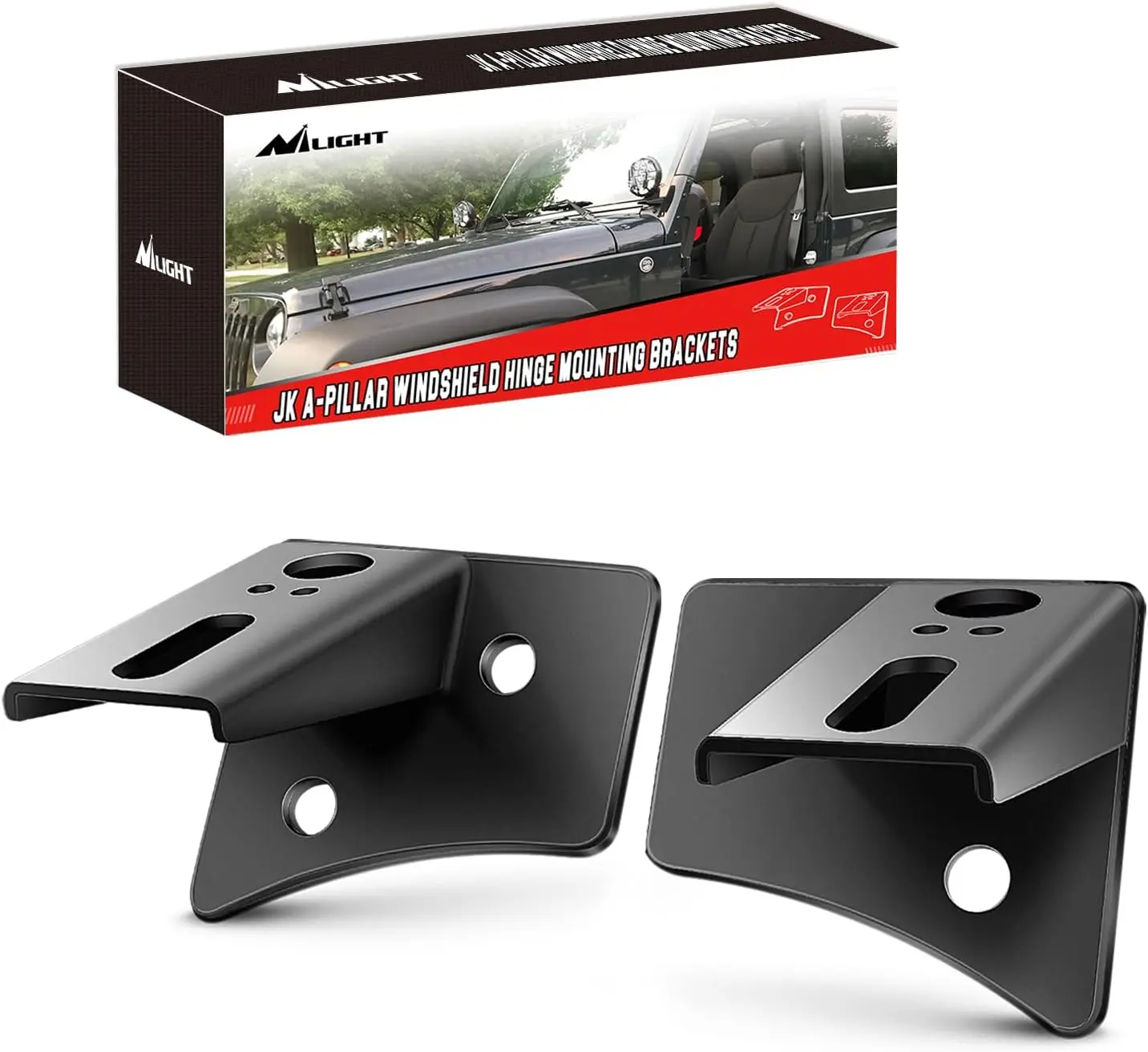Nilight 90026B 2PCS No-Drill Adjustable A-Pillar Windshield Hinge Brackets with Padded Back-Plate, 3.8" Max Thick, Paint Protection, Factory Bolt Use, for 2007-2017 Jeep Wrangler JK Offroad LED Fog/Halogen Work Lights, 2-Year Warranty, Metal Mounts + Tape