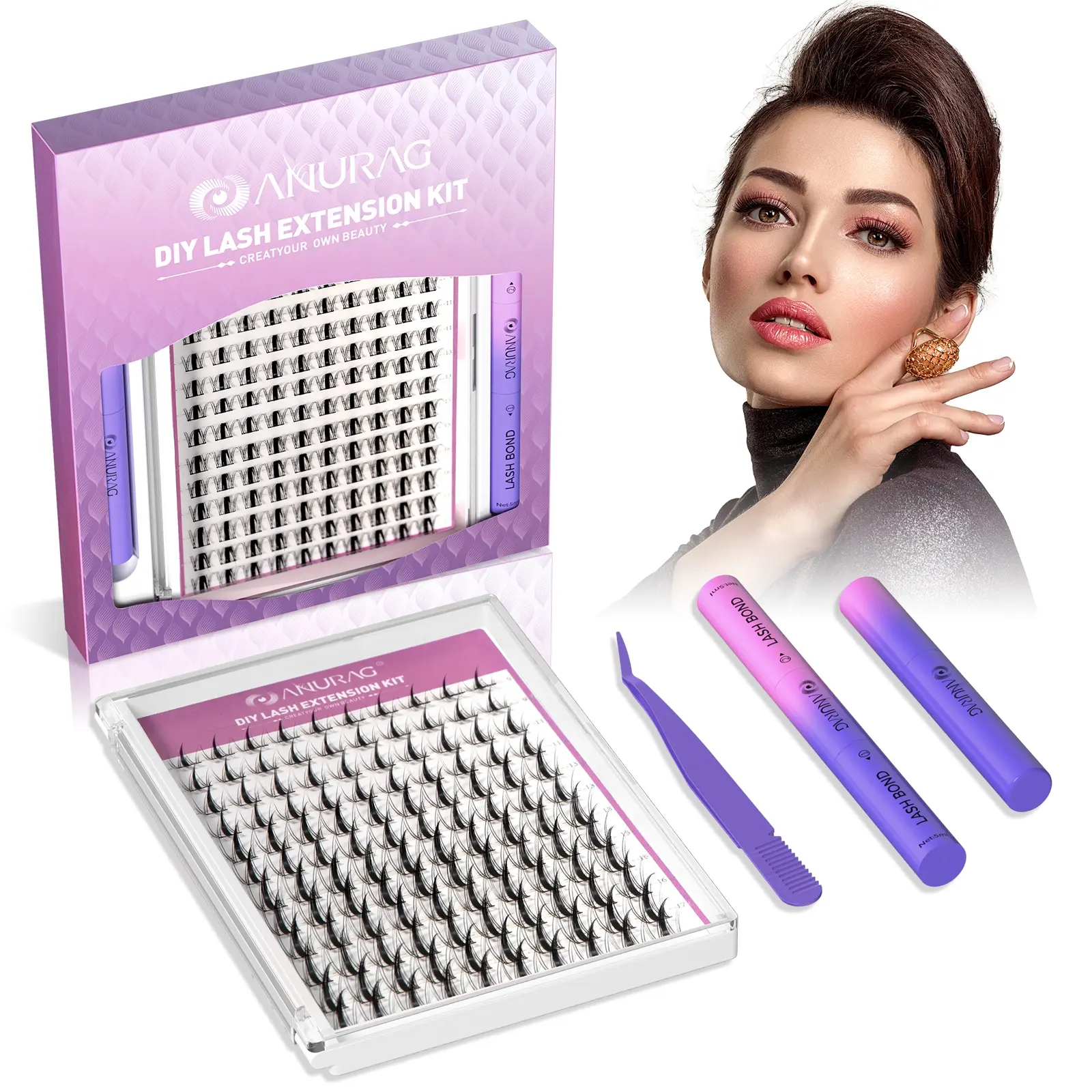 ANURAG DIY Eyelashes Extension Kit with 144 Pieces Natural-Looking Lash Clusters, 4-Piece Set with Bond and Seal Adhesive, Remover, and Applicator Tweezers, Makeup, Lash Clusters At Home, Cosmetic, Adults, Natural-Looking False Eyelashes & Adhesives, Bond