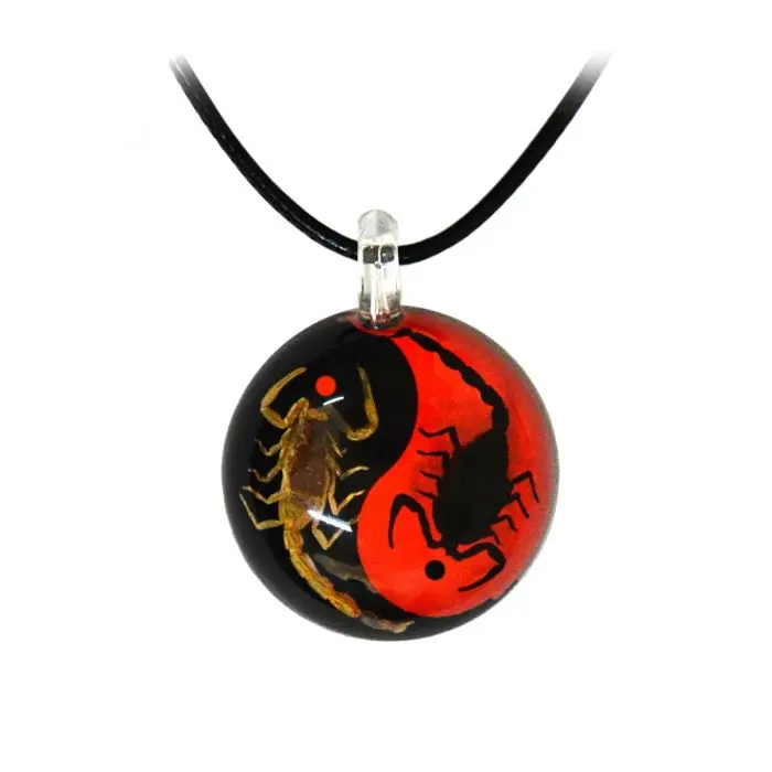 Real Scorpion Large Ying Yang Necklace Black and Red w/ Dots