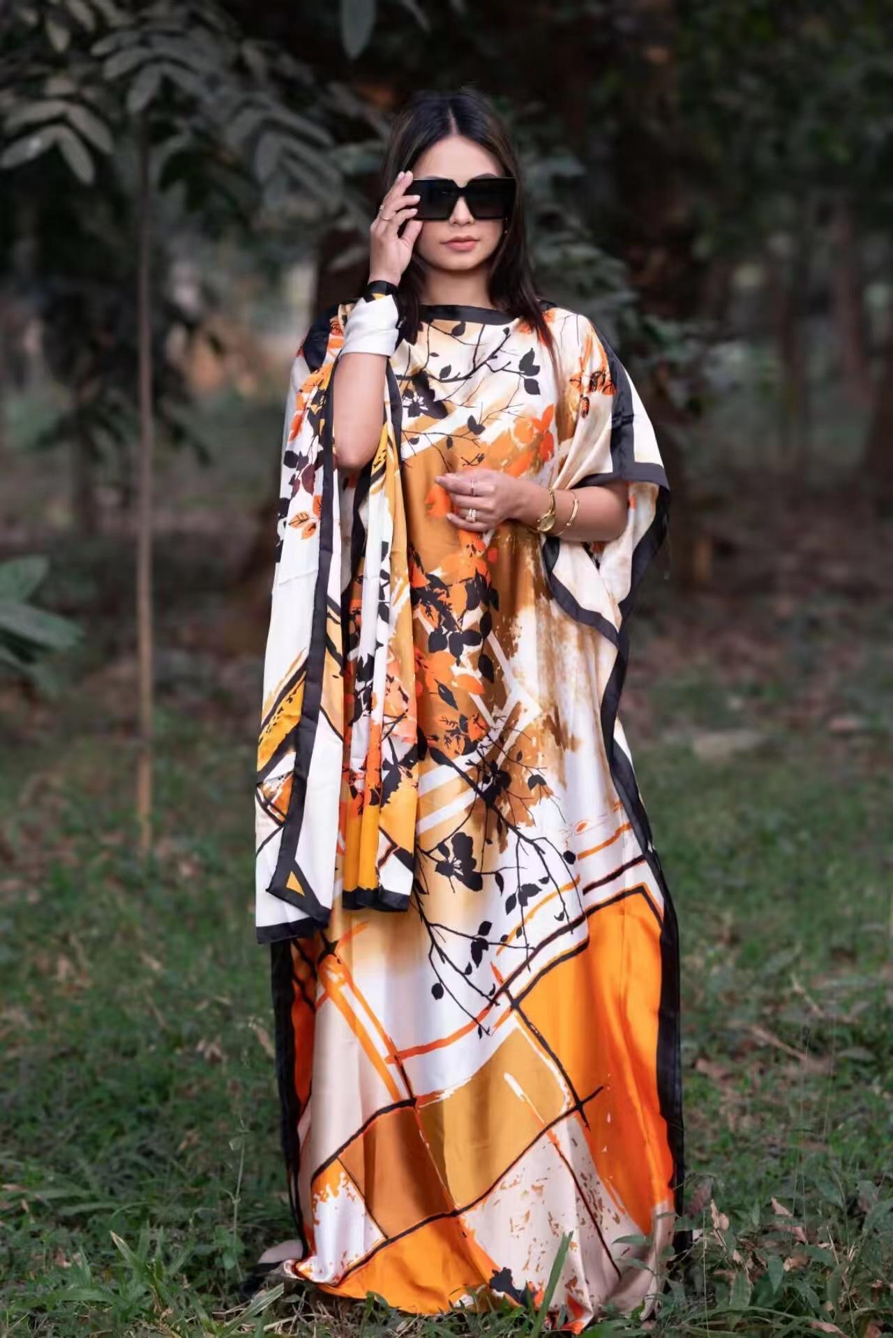 Women's 2-Piece Boho Floral Print Long Dress & Scarf Set, Casual Beach Vacation Wear, All-Season Shawl Accessory Set