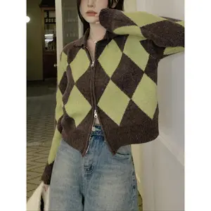 Spring Autumn Knitted Plaid Long Sleeve Women's Open Front Cardigan, Casual Style, All Seasons, Perfect for Daily Wear