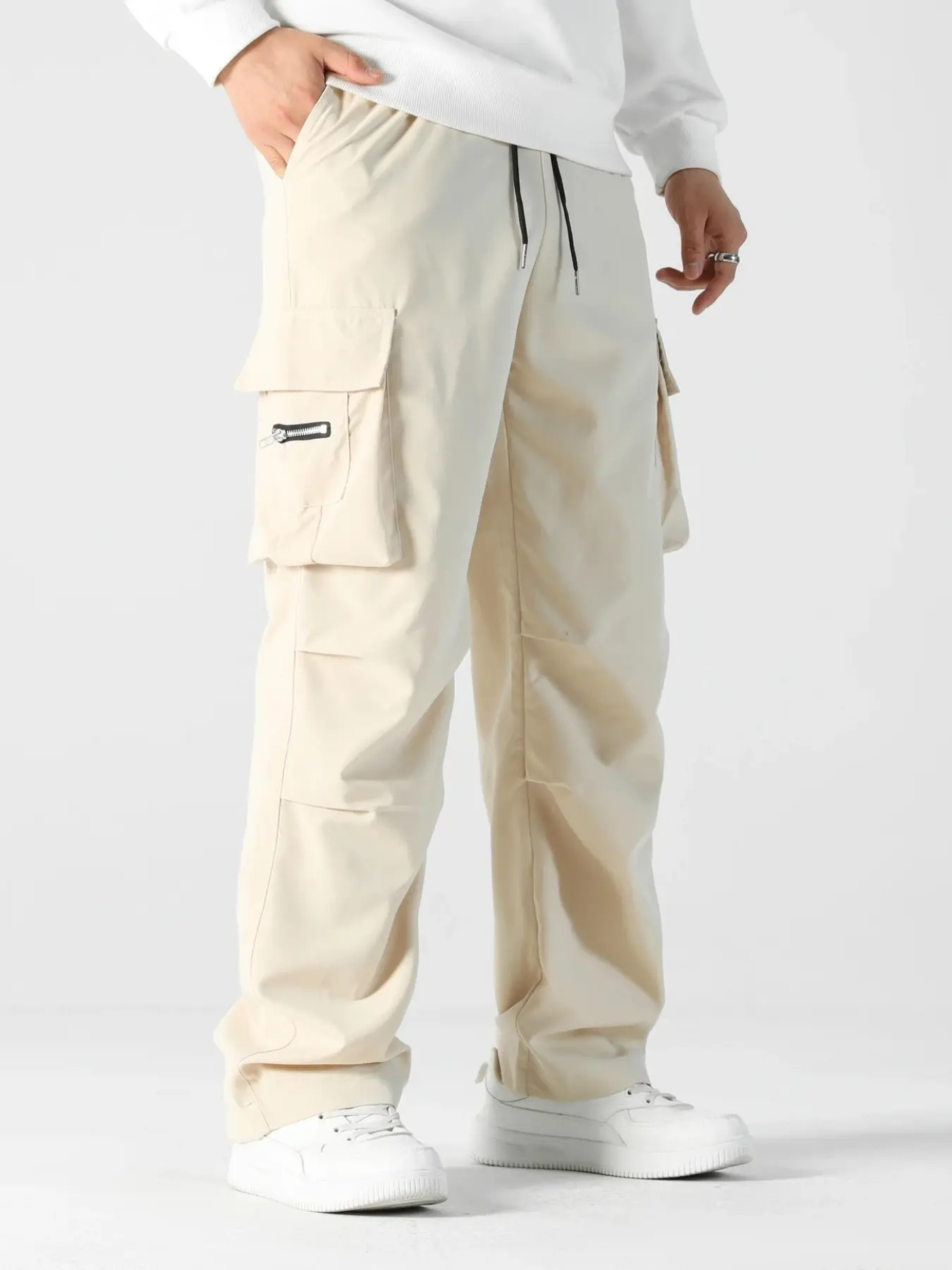 Multi-Pocket Cargo Pants with Drawstring Waist, Loose Fit Comfortable Streetwear for Students & Outdoor Workers, Casual Slant Pocket