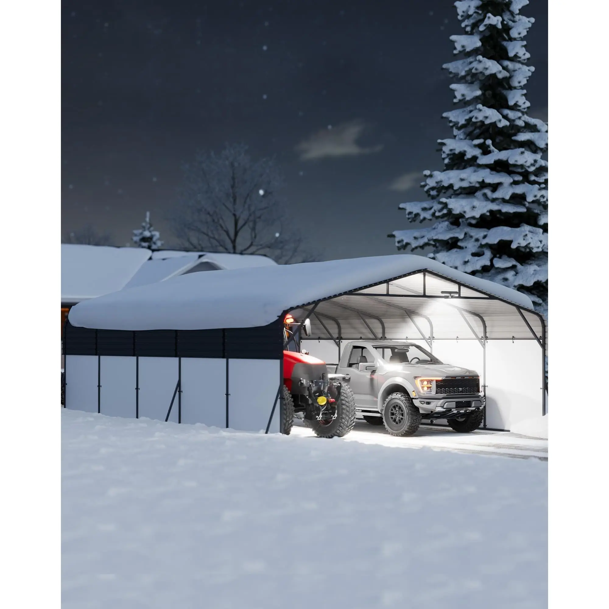 20x25 FT Heavy Duty Metal Carport - Outdoor Portable Garage Shelter with Galvanized Steel Roof, Removable PE Sidewalls, Reinforced Base, Built-in LED Light, Easy Assembly - Outdoor Use for Cars, Trucks, Nighttime Visibility, Protect, Coverage