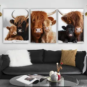 3pcs/Set Wooden Framed, Highland Cow and Calf Print Set Poster, Artistic Highland Cow Family Wall Art Canvas Painting, Cute Highland Cow Art Poster Print Wall Pictures with Smooth Print Design, For Bedroom, Office, Living Room, Home Decor Ideas