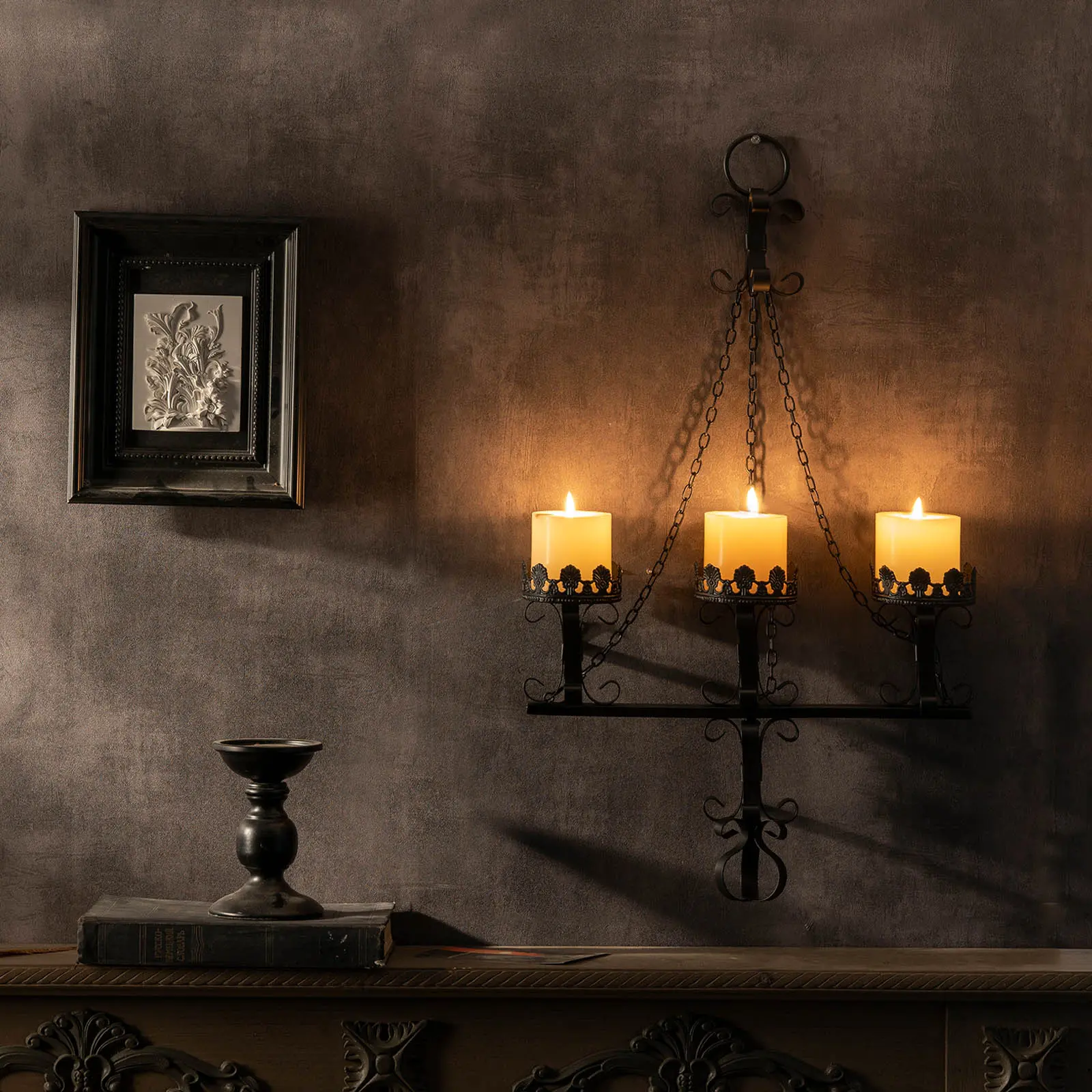 Black Wall Candle Sconces - 3 Iron Decorative Candelabra, Gothic Victorian Hanging Mount, Rustic Metal Wall Accent, Spa-Ready Lighting, Durable Versatile Easy-Installation Candle Holders for Decoration, Garage, Toilet, Meditation, Reiki, Home Interiors